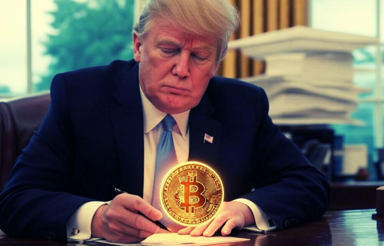 Trump che firma ordine esecutivo e logo Bitcoin