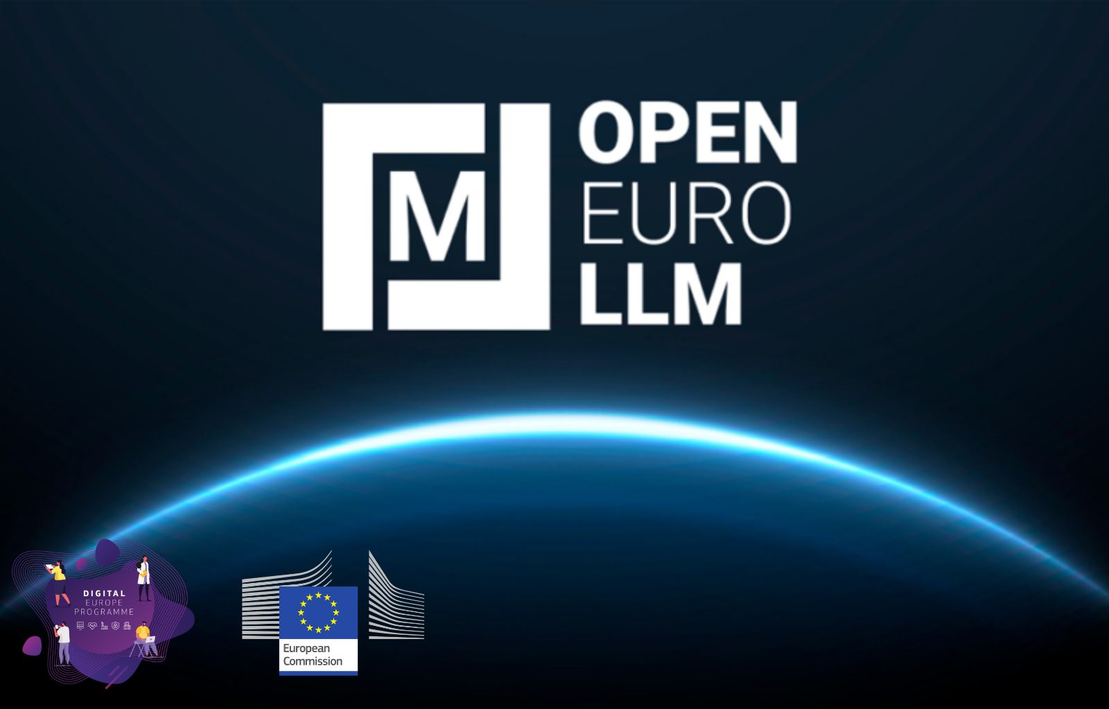 Logo del progetto OpenEuroLLM finanziato dalla Commissione Europea, con il programma Digital Europe, rappresentato su uno sfondo futuristico di un pianeta illuminato.