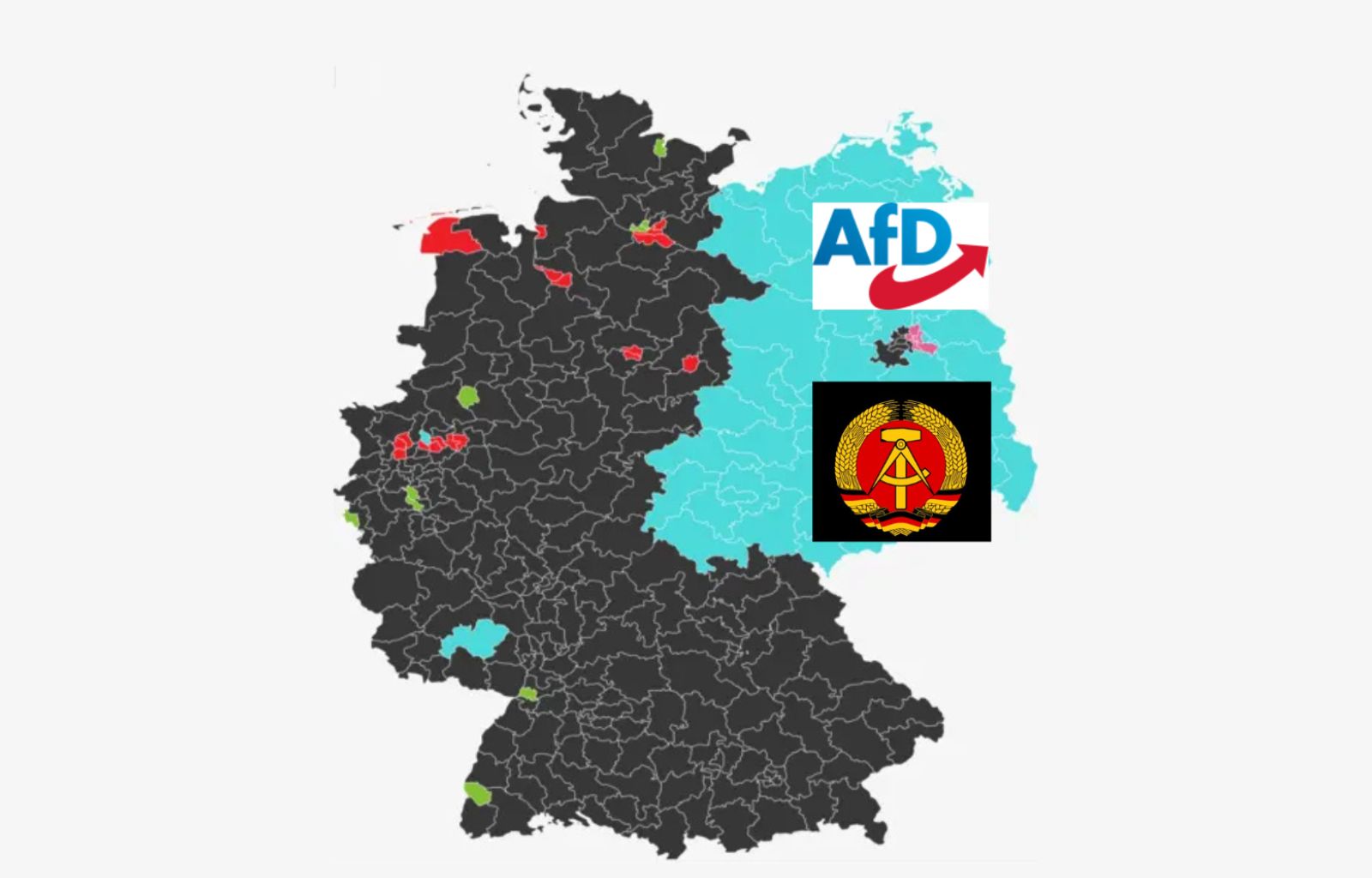 Mappa della Germania con la parte orientale evidenziata in azzurro, simbolo della DDR e logo di AfD sovrapposti, a rappresentare la connessione tra l'eredità della Germania Est e il successo elettorale del partito di estrema destra AfD.