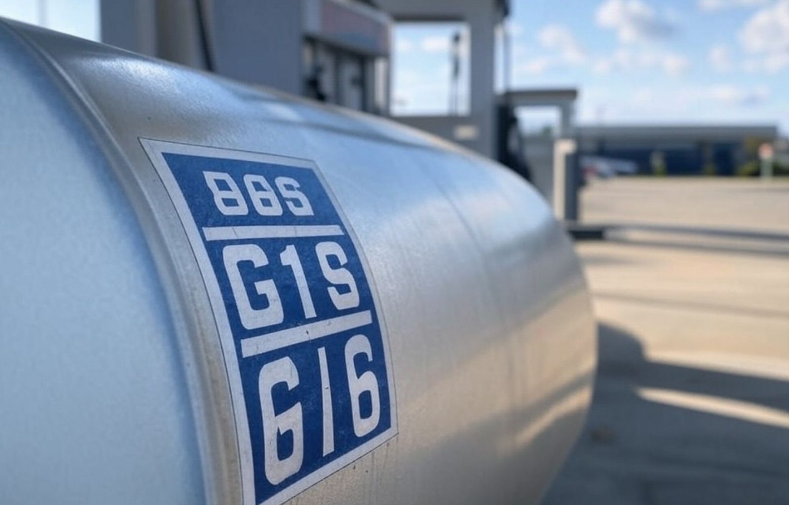 Serbatoio di gas in una stazione di rifornimento con etichetta blu che indica la specifica del carburante (G1S 6/6), sfondo sfocato con strutture industriali.