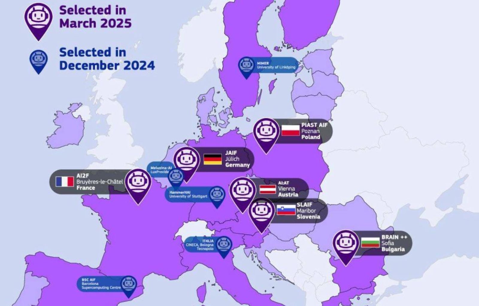 Mappa dell’Europa che mostra la distribuzione delle AI Factories selezionate dalla Commissione Europea a dicembre 2024 e marzo 2025. Le nuove sei AI Factories selezionate nel 2025 sono evidenziate in viola, mentre quelle selezionate nel 2024 sono indicate in blu.